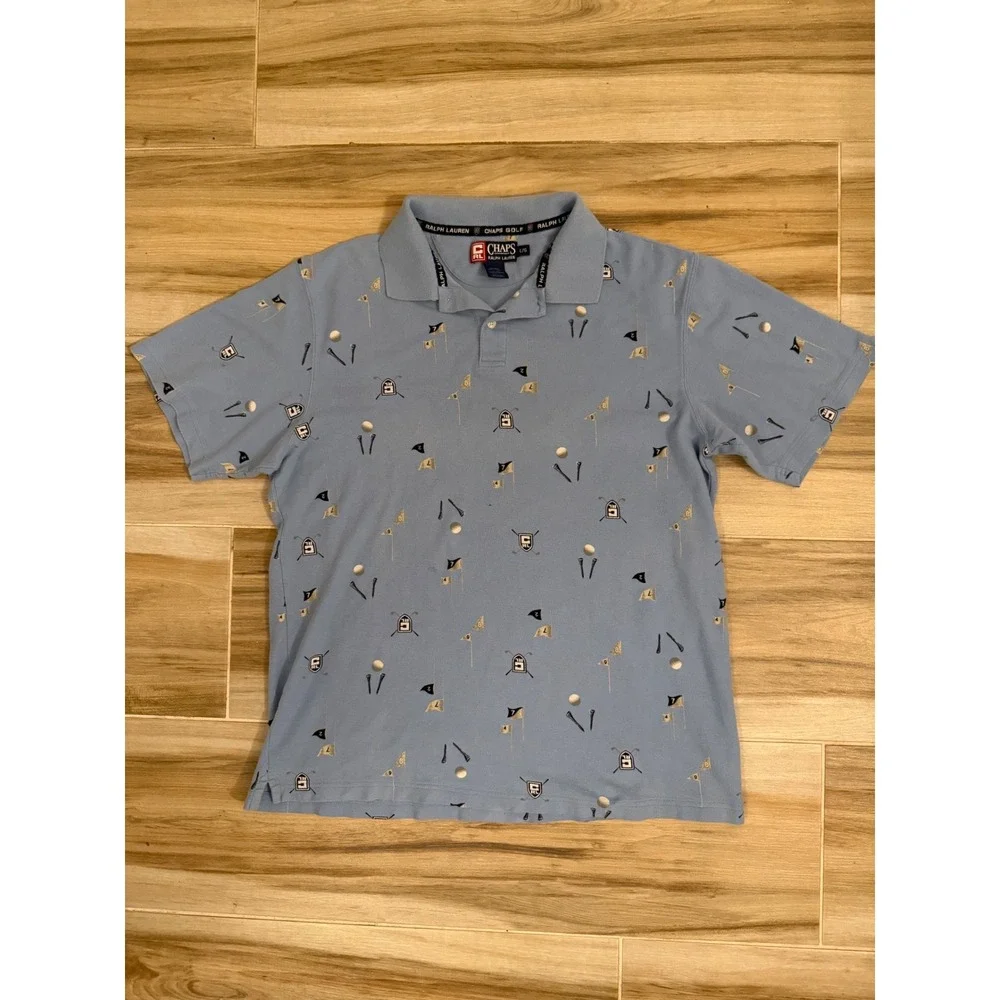 Chaps Ralph Lauren Golf Polo Shirt Mens Large Blue All Over Golf Print Cotton